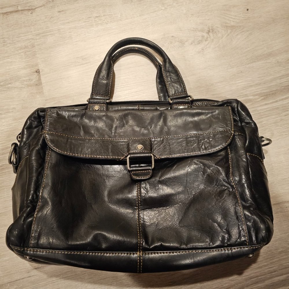 JACK GEORGES LEATHER VOYAGER ZIPPERED BRIEFCASE - BLACK